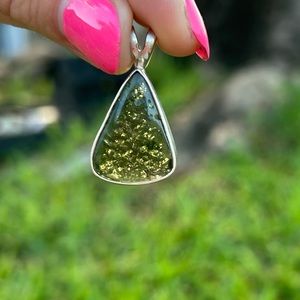 Polished Genuine Moldavite Gem Pendant in Sterling Silver
